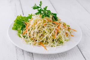Fresh cabbage salad with carrots and greens on white plate photo