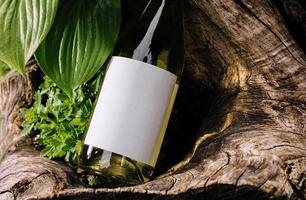 White wine bottle resting on a tree trunk surrounded by lush greenery photo