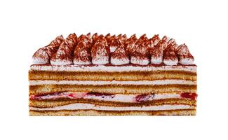 Delicious tiramisu cake with layers of cream and strawberries isolated on white background photo