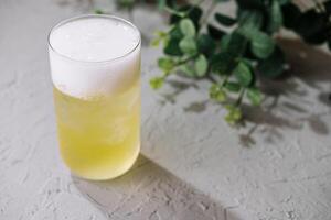 Glass of cold cocktail with foam on white table background with green leaves photo