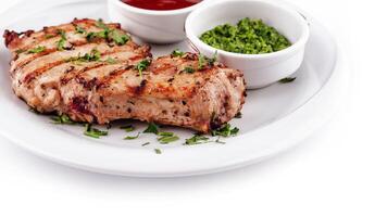 Grilled chicken breast served on plate with sauces photo