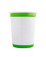 White plastic blank yogurt cup with green label standing photo