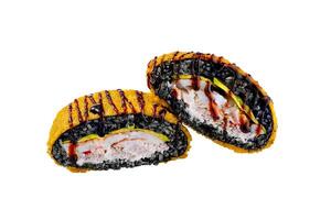 Two delicious hot sushi rolls with black rice and cream cheese on white background photo