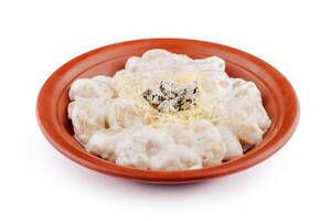 Gnocchi topped with blue cheese and parmesan are served on a plate photo