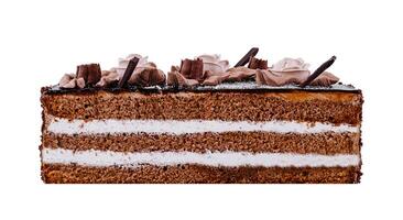 Delicious chocolate cake showing layers and decoration on white background photo