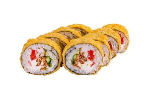Tempura sushi rolls showing filling on white background photo