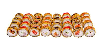 Tempura maki sushi rolls forming a line on white background photo
