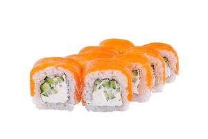 Philadelphia sushi rolls with salmon and cucumber standing on white background photo