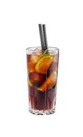 Cuba libre cocktail with lime and straws on white background photo