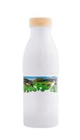 White plastic bottle with a picture of cows grazing standing on white photo