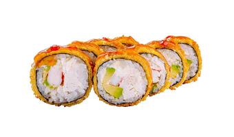 Tempura maki sushi rolls with sauce on white background photo