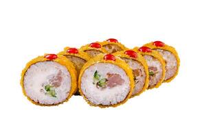 Tempura maki sushi rolls presenting filling on white background photo
