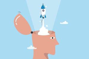 Open minded, innovation or improvement with knowledge or wisdom, learning or thinking enlightenment, start, begin project, discover or release project concept, human head open mind and launch rocket. vector