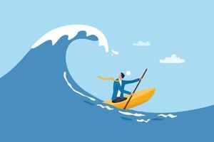 Escape from business crisis, recession or risk, adversity or challenge to survive danger, uncertainty or vulnerability, run away from trapped, hopeless concept, businessman escape from danger wave. vector