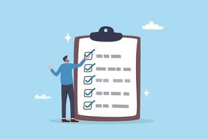 Complete checklist or finishing checkbox, task done within deadline, complete tasks list or project, approval or achievement concept, businessman put tick on complete checklist on paper clipboard. vector