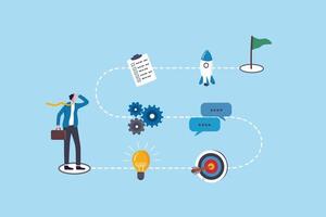 Winning plan to success, strategy step to reach success, career journey, project management or idea development, challenge, flowchart to succeed concept, businessman walk on winning plan journey. vector