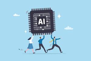 Embrace AI, Artificial Intelligence adoption, user or people who use AI to help and support work success, innovation or revolution to change business concept, business people carry AI processing chip. vector