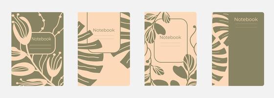 Set of cover designs for notebook, notepad, book, catalog with abctract tropical plants in pastel color. Vertical format A4,A5. vector