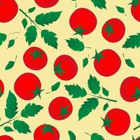 Seamless pattern with hand drawn red tomatoes on yellow background. Fresh organic vegetable, healthy food, nutricion concept. vector