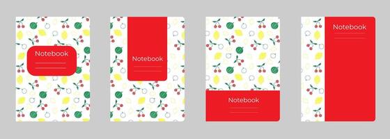 Set of cover designs for notebook, notepad, book, catalog with lemon, watermelon, cherry. Vertical format A4,A5. vector