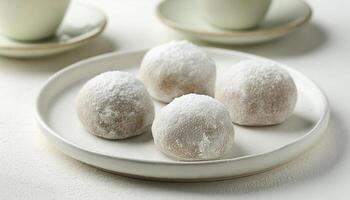 delicioso mochi en lámina. tradicional japonés postre. arroz pastel. dulce y sabroso alimento. foto