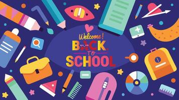 A flat color wallpaper featuring an array of colorful school supplies like notebooks, pencils, rulers, and backpacks scattered across the background vector
