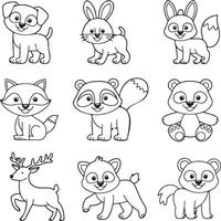 A set of cute animals in outline style. Each animal is a silhouette and is illustrated in a flat color style vector