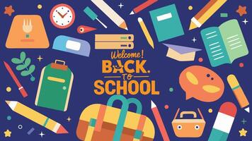 An array of colorful school supplies like notebooks, pencils, rulers, and backpacks scattered across the background with the text Welcome Back to School vector