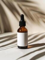 Serum essential cosmetic oil bottle with dropper with shadows on the background. photo