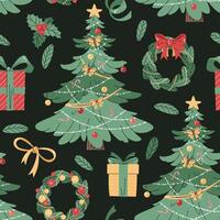Seamless pattern with Christmas tree, wreath and gifts. holiday texture in flat style. Merry Christmas and Happy New Year. Suitable for wallpaper, wrapping paper, fabric, etc. vector