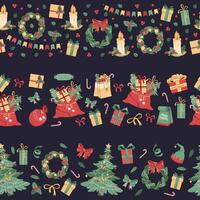 Set of seamless Christmas borders with festive elements. Patterns with a Christmas tree, gifts and a wreath. Background for festive design of cards, websites, fabric, etc. vector