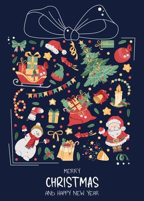 Christmas greeting card with festive elements in the form of a gift. Merry Christmas and Happy New Year. Banner, poster, flyer with Santa, Claus, Christmas tree, etc.