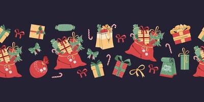 Seamless Christmas border with festive elements. Pattern with Santa Claus bag and gifts. Background for festive design of cards, websites, fabric, etc. vector