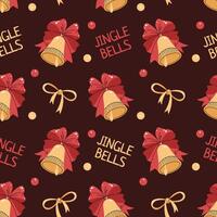 Seamless pattern with Christmas bell with red bow and inscriptions. holiday texture in flat style. Merry Christmas and Happy New Year. Suitable for wallpaper, wrapping paper, fabric, etc. vector