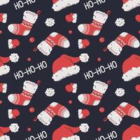 Seamless pattern with Christmas stocking, mittens and Santa hat. holiday texture in flat style. Merry Christmas and Happy New Year. Suitable for wallpaper, wrapping paper, fabric, etc. vector