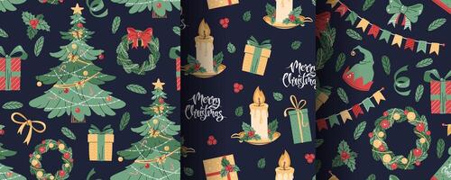 Set of seamless patterns with Christmas tree, candle, wreath and gifts. holiday texture in flat style. Merry Christmas and Happy New Year. Suitable for wallpaper, wrapping paper, fabric, etc. vector
