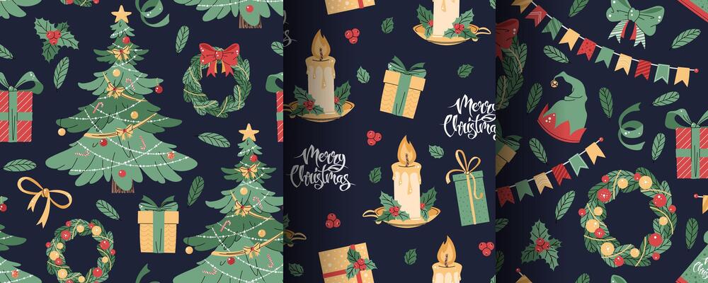 Set of seamless patterns with Christmas tree, candle, wreath and gifts. holiday texture in flat style. Merry Christmas and Happy New Year. Suitable for wallpaper, wrapping paper, fabric, etc.