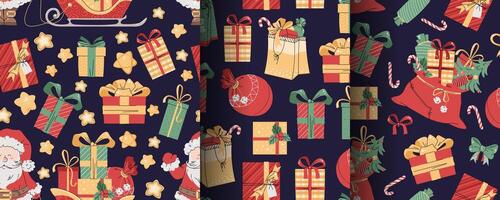 Set of seamless patterns with Santa Claus and gifts. holiday texture in flat style. Suitable for wallpaper, wrapping paper, fabric, etc. vector