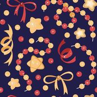 Seamless pattern with Christmas garland, stars and bows. holiday texture in flat style. Suitable for wallpaper, wrapping paper, fabric, etc vector