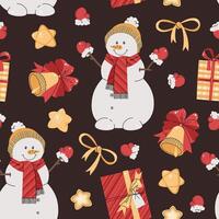 Seamless pattern with snowman, Christmas bell and gift. holiday texture in flat style. Suitable for wallpaper, wrapping paper, fabric, etc. vector