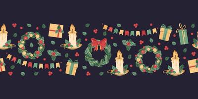 Seamless Christmas border with festive elements. Pattern with candle with holly, Christmas wreath and gifts. Background for festive design of cards, websites, fabric, etc. vector