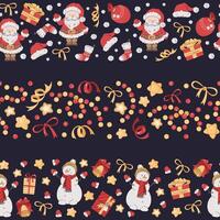 Set of seamless Christmas borders with festive elements. Patterns with Santa Claus, snowman and gifts. Background for festive design of cards, websites, fabric, etc. vector