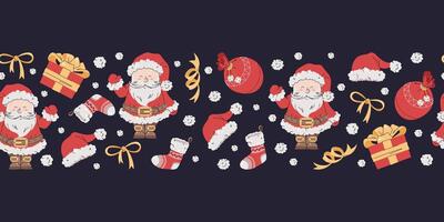 Seamless Christmas border with festive elements. Pattern with Santa Claus and gifts. Background for festive design of cards, websites, fabric, etc. vector