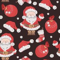 Seamless pattern with Santa Claus, Christmas stocking, and gift bag. holiday texture in flat style. Suitable for wallpaper, wrapping paper, fabric, etc. vector