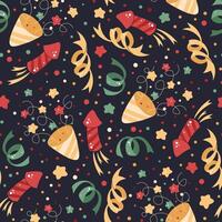 Seamless pattern with Christmas crackers, confetti and decorations. festive texture in flat style. Suitable for wallpaper, wrapping paper, fabric, etc vector