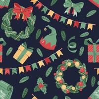 Seamless pattern with colorful flags, Christmas wreath and gifts. holiday texture in flat style. Merry Christmas and Happy New Year. Suitable for wallpaper, wrapping paper, fabric, etc. vector