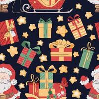 Seamless pattern with Christmas gift boxes and Santa Claus with sleigh. holiday texture in flat style. Suitable for wallpaper, wrapping paper, fabric, etc. vector