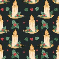 Seamless pattern with Christmas candle decorated with holly. holiday texture in flat style. Merry Christmas and Happy New Year. Suitable for wallpaper, wrapping paper, fabric, etc vector