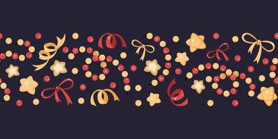 Seamless Christmas border with festive elements. Pattern with garland, bows, decorations. Background for festive design of cards, websites, fabric, etc. vector