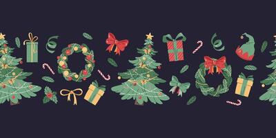Seamless Christmas border with festive elements. Pattern with Christmas tree, wreaths, gifts. Background for festive design of cards, websites, fabric, etc. vector